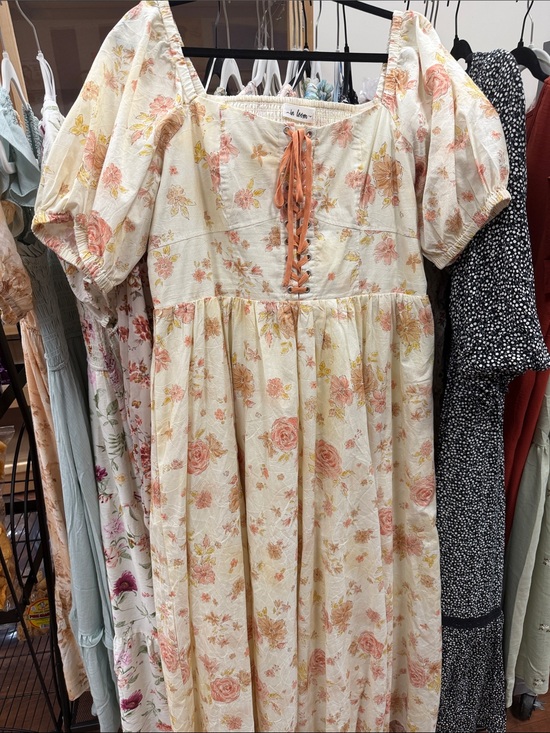 in loom Dresses & Skirts - Women’s Floral Maxi Dress with Lace-Up Front - Cream & Coral